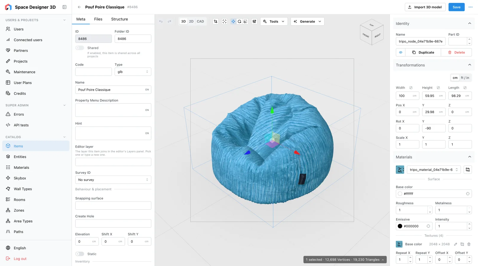 The 3D model editor of the back office: a bean bag with its dimensions, transformations and materials.