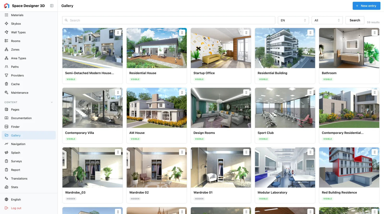 The gallery of the back office: houses, offices and interiors to show on the site.