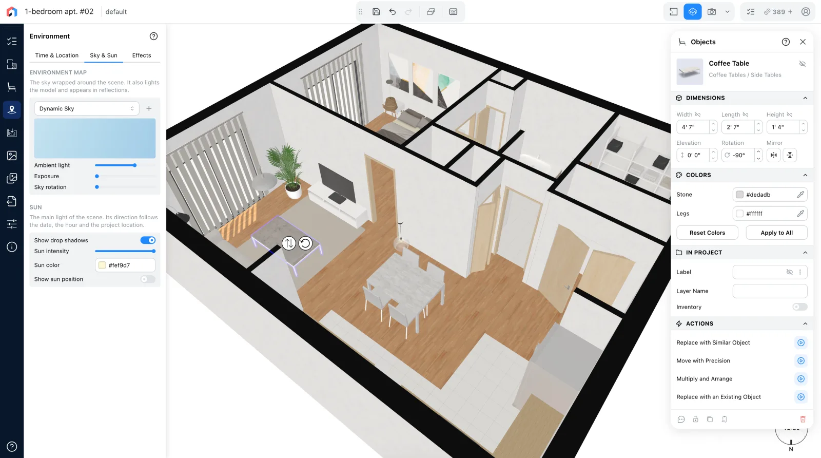 The Space Designer 3D editor: a furnished one-bedroom flat in 3D, the sky and sun settings on the left, a coffee table's settings on the right.