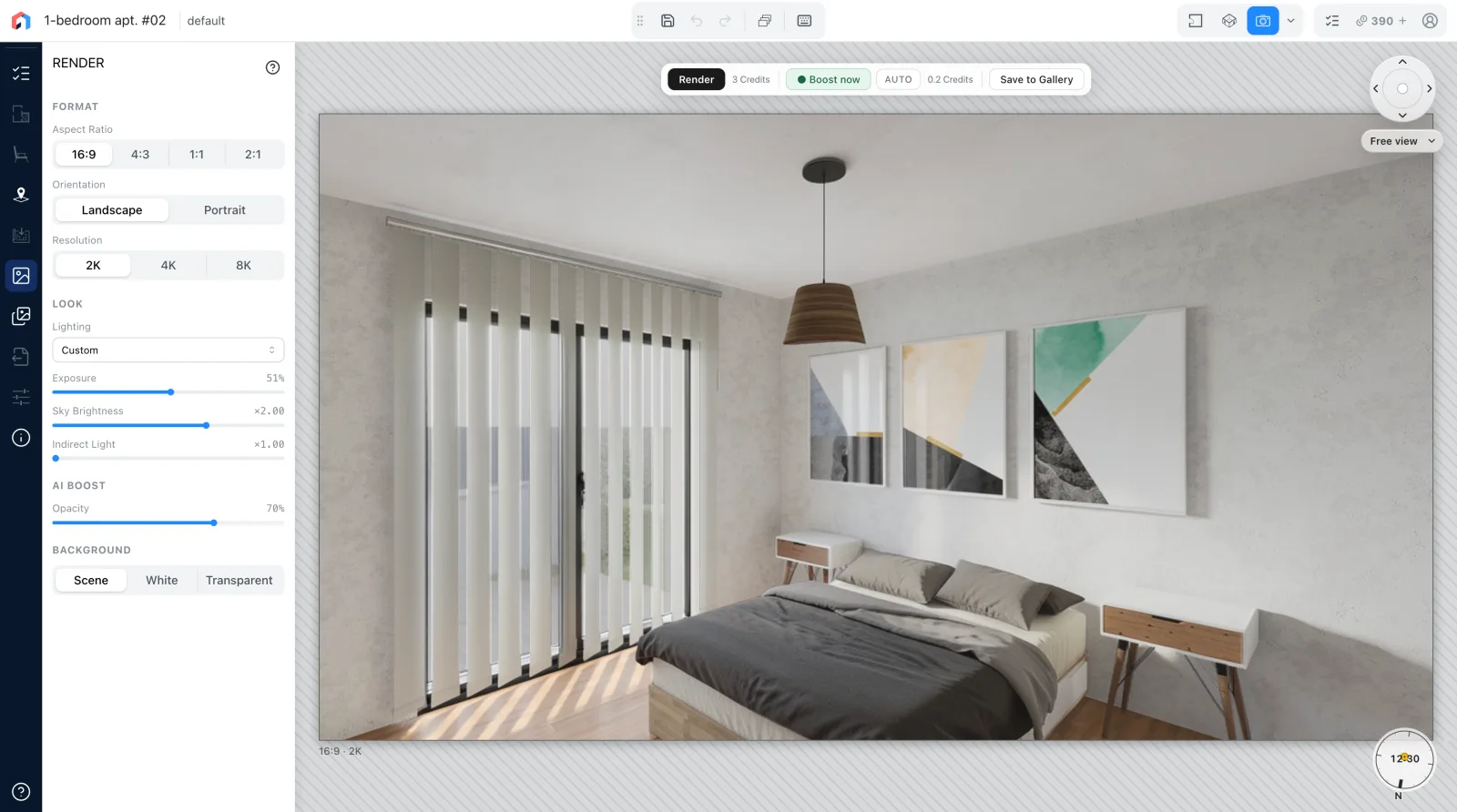 A photorealistic render of the bedroom, with the Render panel's format and lighting settings.