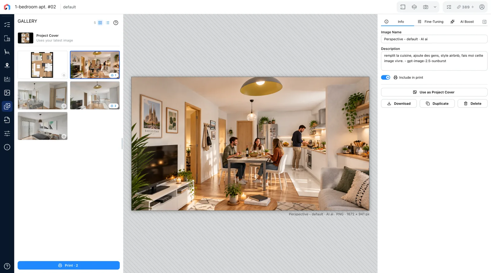 The project's gallery: a living room picture filled with people and plants, made from a render.