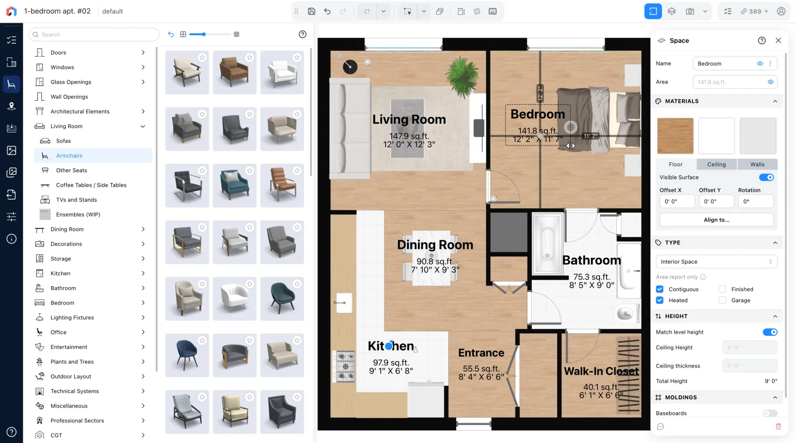 The 2D plan of the flat, with each room's name and area, the Catalog of armchairs and the bedroom's materials.